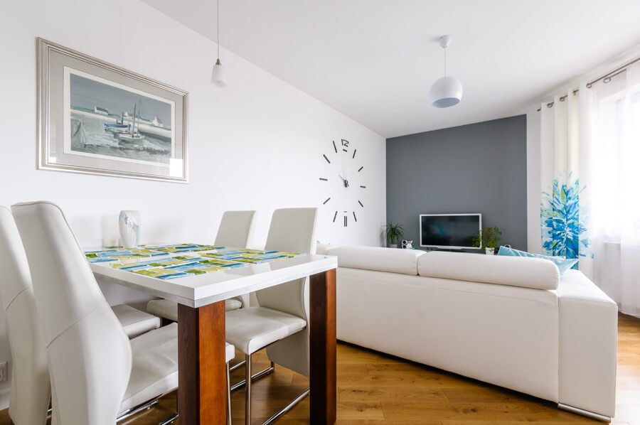 projekt mieszkania biel turkus biały dąb kuchnia ikea szary