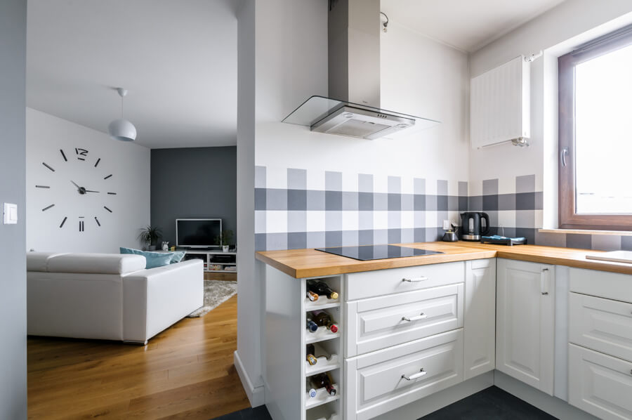 projekt mieszkania biel turkus biały dąb kuchnia ikea szary